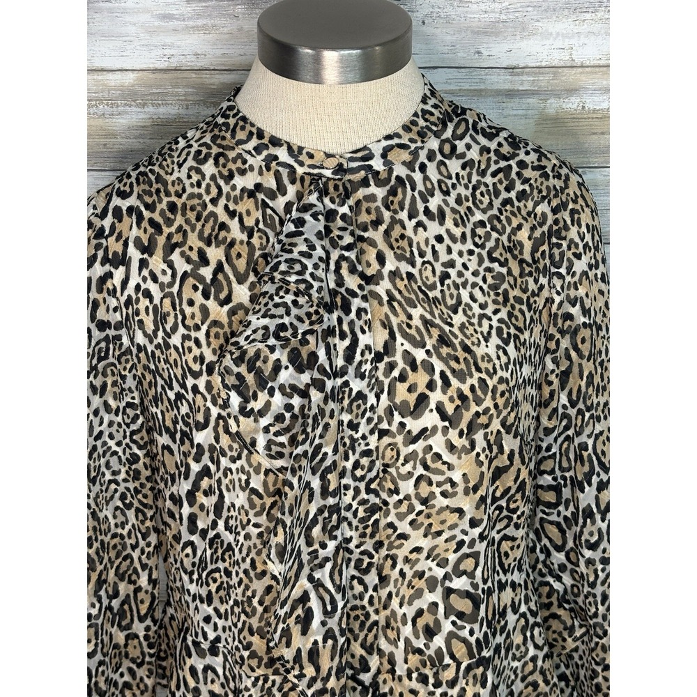 Chicos Small Leopard Print Ruffle Button Long Sleeve Sheer Top Women Size O - Picture 2 of 12